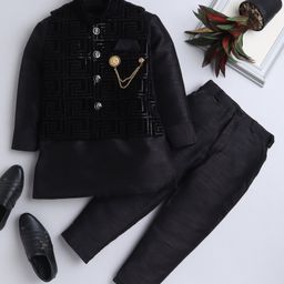 Ahhaaaa Velvet Full Sleeves Solid Kurta & Pant With Sequin Embellished Jacket Set - Black-image-74