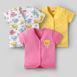 Babyhug 100% Cotton Interlock Knit Front Open Half Sleeves Vests With Bear & Polka Dots Print Pack Of 3 - Pink Yellow & White-picture-9