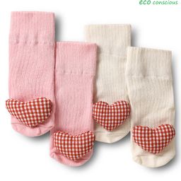 Babyoye Cotton Bamboo Ankle Length Socks with 3D Heart Pack of 2 - Pink & Ivory-image-55