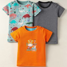 Kidi Wav Cotton Pack Of 3 Half Sleeves Dinosaur Printed & Striped Tees - Multi Colour-image-8
