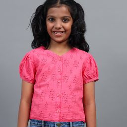 Under Fourteen Only Cotton Half Puffed Sleeves Sciffli Embroidered Top - Pink-image-47