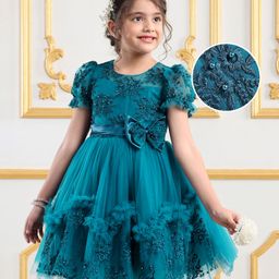 Mark & Mia Cotton Woven Half Sleeves Frock with Floral Embroidery & Pearls - Teal Blue-image-44