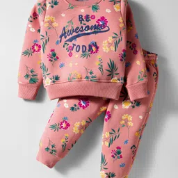 Smarty Girls Cotton Woven Full Sleeves Winter Night Suit with Text & Floral Print - Dark Peach-picture-4