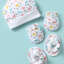 Ben Benny 100% Cotton Knit Cap Mitten & Booties Set With Rainbow & Stars Print White - Diameter 10 cm-5