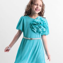 Hola Bonita Knit Puffed Sleeves Pleated Fabric Frock With Floral Applique & Belt - Aqua-image-13