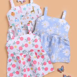 TOONYPORT Cotton Knit Pack Of 3 Sleeveless Floral & Baby Animals Printed Dresses - Multi Colour-picture-5