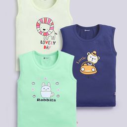 MOONKIDS Cotton Knit Pack Of 3 Cute Baby Animals & Lovely Day Text Printed Vest - Mint Green Lime & Navy Blue-picture-16
