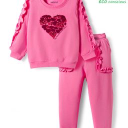 Babyoye 100% Cotton Knit Full Sleeves Winter Wear Suit Set With Sequin Heart & Frill Detailing - Pink-picture-38