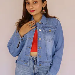 Prijam Women Spread Collar Solid Lightweight Casual Denim Jacket-image-13