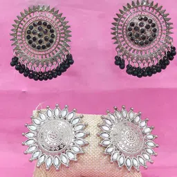 Krelin Set Of 2 Silver-Plated Stone Studded Oxidised Classic Studs-image-60