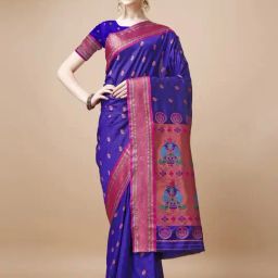 JUST FASHION Blue & Pink Zari Work Saree With Unstitched Blouse-picture-42