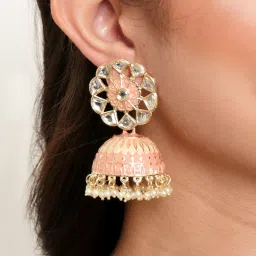 Karatcart Gold-Plated Baby Pink & Cream Meenakari Kundan Studded Floral Jhumki Earrings for Women image 4