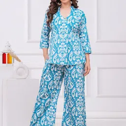 SHOPAXIS Ikat Printed Mandarin Collar Pure Cotton Tunic And Trousers-7