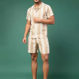 Rigo Beige Slim Fit Striped Shirt & Shorts Set-image-6
