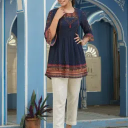 Juniper Indigo Geometric Printed Georgette Peplum Tunic With Tassels-8