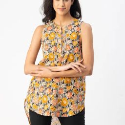 Moomaya Yellow & Orange Cotton Floral Print Top-image-51