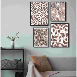 999Store Brown Canvas Leaf With Thistle Pattern Wall Stencil Painting - Set of 4-10