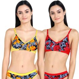AROUSY Yellow & Red Cotton Printed Bra Panty Set - Pack Of 2-image-97