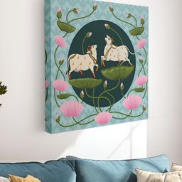Myntra Elegant Homes Blue & Green Pichwai Cow Canvas Wall Art-image-88