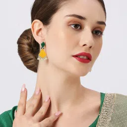 Oomph Yellow Green Ethnic Engraved Jaipur Stones Dangler Earrings image 4