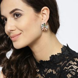 Oomph Pink Western with Crystals in Floral Design Partywear Stud Earrings image 4