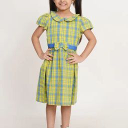 Creative Kid's Girls Blue & Yellow Cotton Checks Dress-image-105