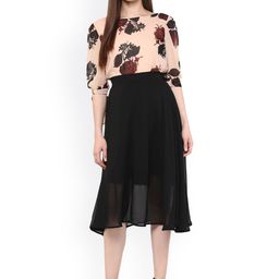 Harpa Women Peach Orange & Black Floral Print Fit & Flare Dress-picture-1
