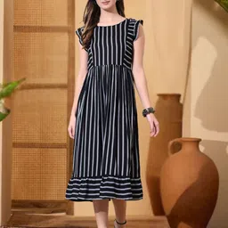 Sangria Women Striped Pure Cotton Ruffled A-Line Midi Dress-picture-29