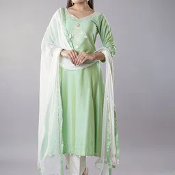 Utsav Fashion Floral Yoke Design Sequinned Cotton Silk Kurta with Trousers & Dupatta-25