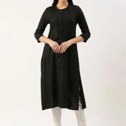 Amukti Black Rayon Solid Three-Quarter Sleeves Kurta-image-79