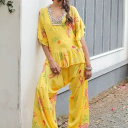 Foram Patel Floral Printed Embroidered V Neck Top With Trousers Co-Ords-image-25