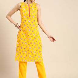 Anouk Women Round Neck Floral Printed Pure Cotton Kurta with Trousers-image-16