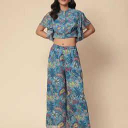 aarke Ritu Kumar Blue Floral Print Crop Top With Palazzos-39