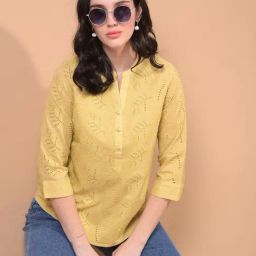Crimsoune Club Mustard Cotton Embroidery Top-image-21