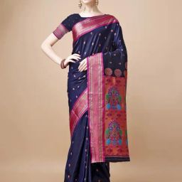 JUST FASHION Navy & Pink Zari Work Saree With Unstitched Blouse-picture-46
