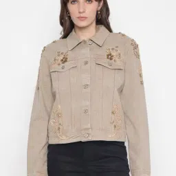 Guess Khaki Embroidered Collar Full Sleeve Jacket-picture-19