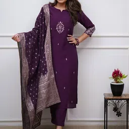 KALINI Ethnic Motifs Embroidered Thread Work Chanderi Cotton Kurta With Trousers & Dupatta-picture-27