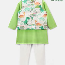 Babyoye Cotton Woven Full Sleeves Kurta & Pyjama Set with Jacket Dino Print - Green-image-21