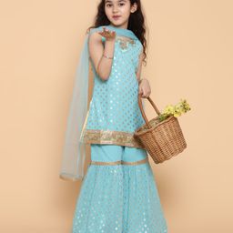AJ Dezines Sleeveless Florl Motif Foil Printed & Embellished Kurta & Sharara Set - Ferozi Blue-image-15