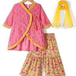 Babyhug 100% Cambric Three Fourth Sleeve Printed Angarakha Kurti With Sharara And Net Dupatta Set- Pink & Mustard-image-75