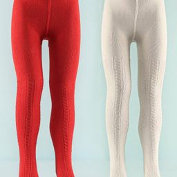 Honeyhap Premium Cotton Super Soft Stretchable Self Knitted  Tights with Silvadur Finish Pack of 2 - White & Red-image-58