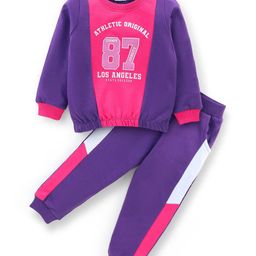 Babyhug 100% Cotton Knit Full Sleeves T-Shirt & Lounge Pant Set With Text Print - Pink & Purple-image-58