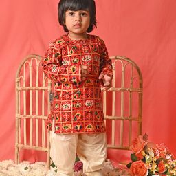 Vastramay Full Sleeves Seamless Elephant & Peacock Patola Designed Kurta With Patiala - Red & Cream-image-28