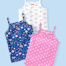 Babyhug 100% Cotton Sleeveless Slips With Floral & Rainbow Print Pack Of 3 - White Pink & Navy Blue-image-99