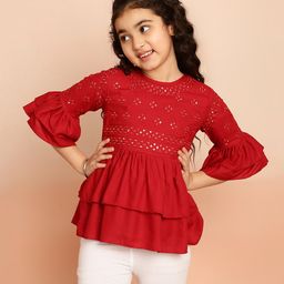 ISHTI Frill Sleeves & Sequin Embellished Top - Maroon-image-76