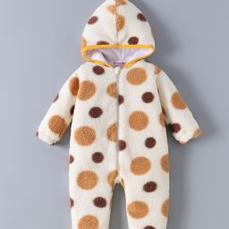 Kookie Kids Full Sleeves Winter Wear Hooded Romper with Polka Dots Print - Brown-image-4