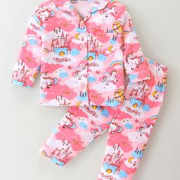 Little Darlings Cotton Knit Full Sleeves Night Suit Unicorn Print - Pink-image-58