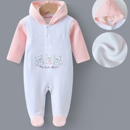 Kookie Kids Full Sleeves Hooded Footed Romper with Bear & Text Embroidery - Light Peach-image-55