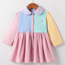 ToffyHouse Cotton Woven Full Sleeves Frock With Cut & Sew Design & Peter Pan Collar - Pink-picture-11