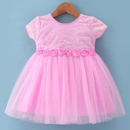 Babyhug Woven Half Sleeves Fit & Flared Party Frock with Sequin Embroidery & Floral Applique - Pink-image-15